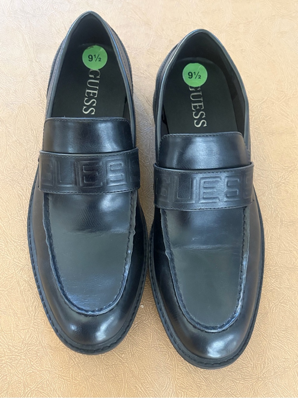 GUESS Black Leather Men’s Slip-On Loafers with Embossed Logo Band